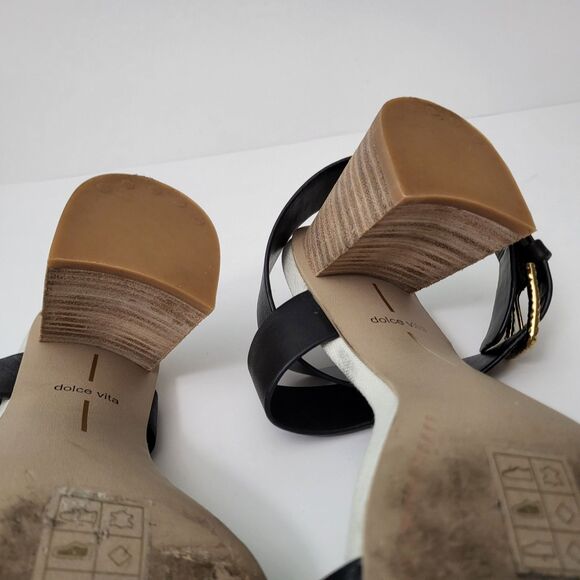 DOLCE VITA Paytin Sandals Womens 7.5 Black White Ankle Strap Square Toe Heels - Picture 9 of 11